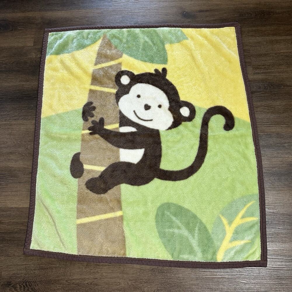 Messages From The Heart Green Yellow Baby Blanket Monkey Tree Brown Trim 35x40"